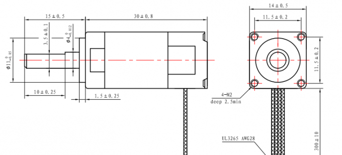14×14mm Nema 6 Stepper Motor - Dimensional Drawing